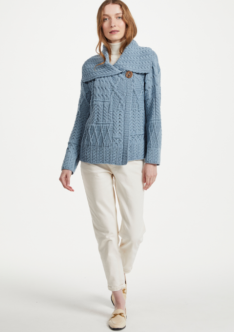 Céide Ladies Merino Aran Cardigan - Blue