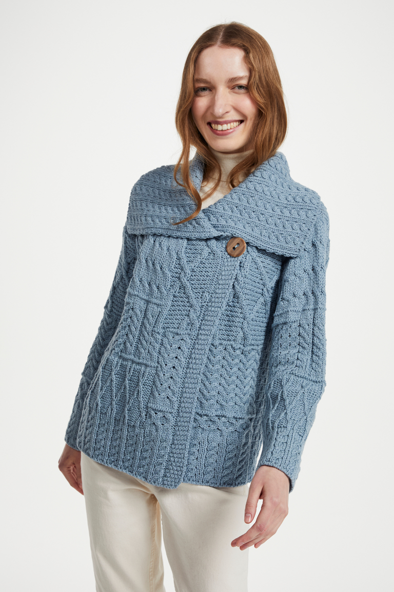 Céide Ladies Merino Aran Cardigan - Blue