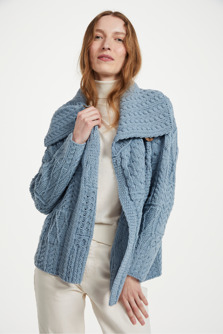 Céide Ladies Merino Aran Cardigan - Blue