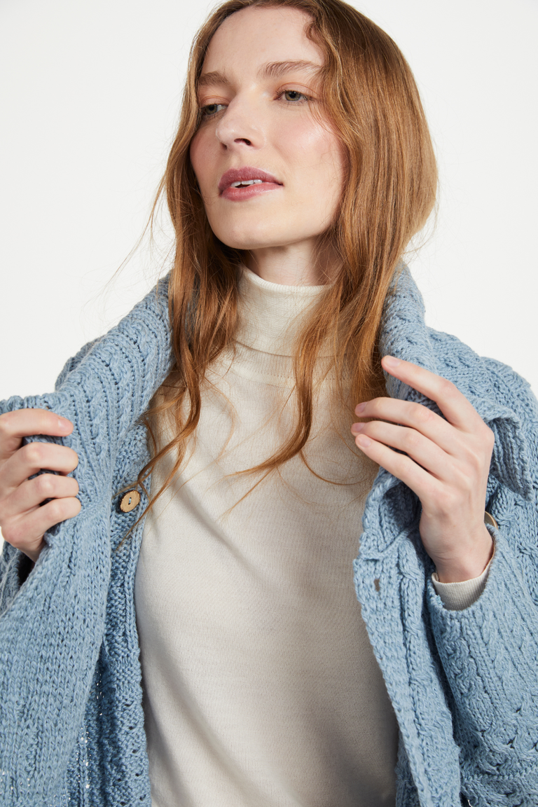Céide Ladies Merino Aran Cardigan - Blue