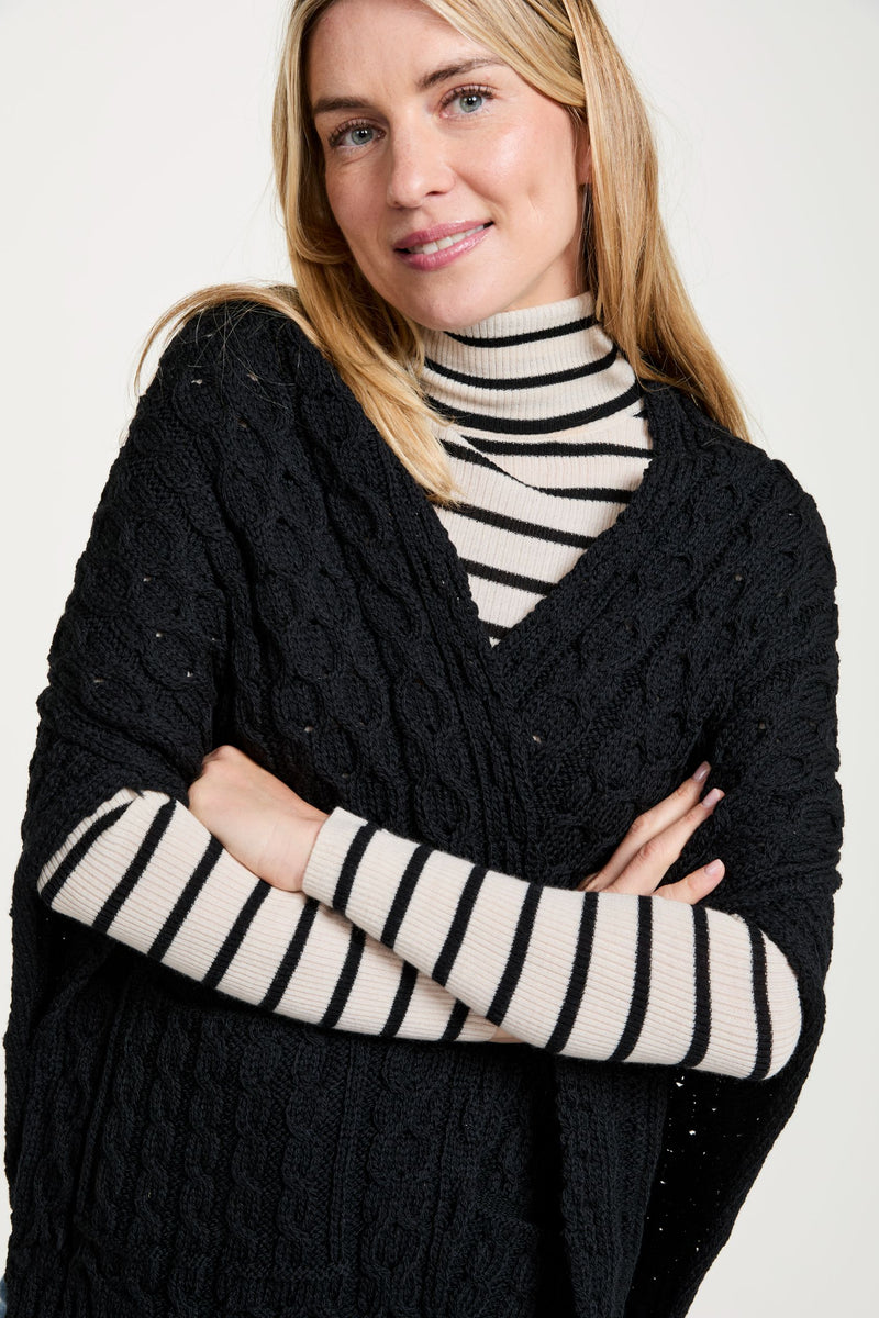 Made in Ireland, knitwear, wrap, merino wool, Ireland, cream wrap, cable knit, aran knitwear,black