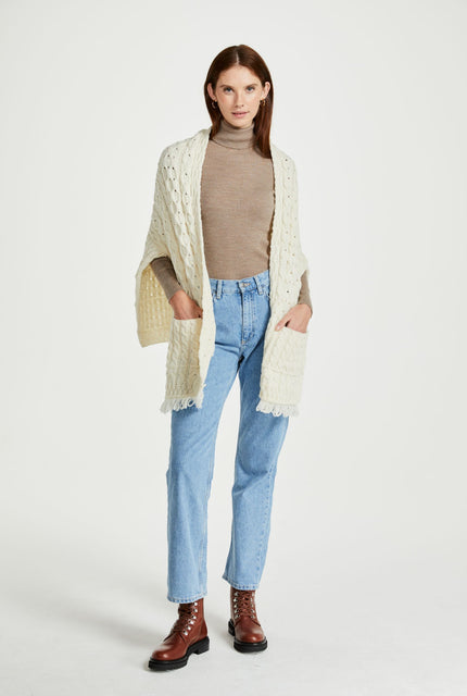 Made in Ireland, knitwear, wrap, merino wool, Ireland, cream wrap, cable knit, aran knitwear,throw