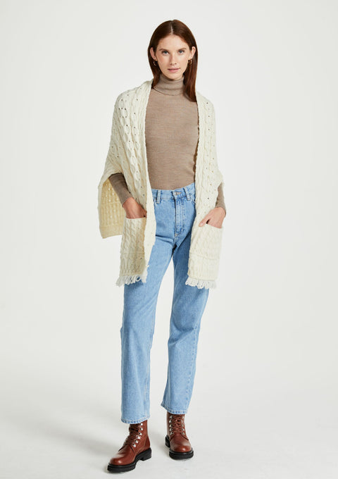 Made in Ireland, knitwear, wrap, merino wool, Ireland, cream wrap, cable knit, aran knitwear,throw