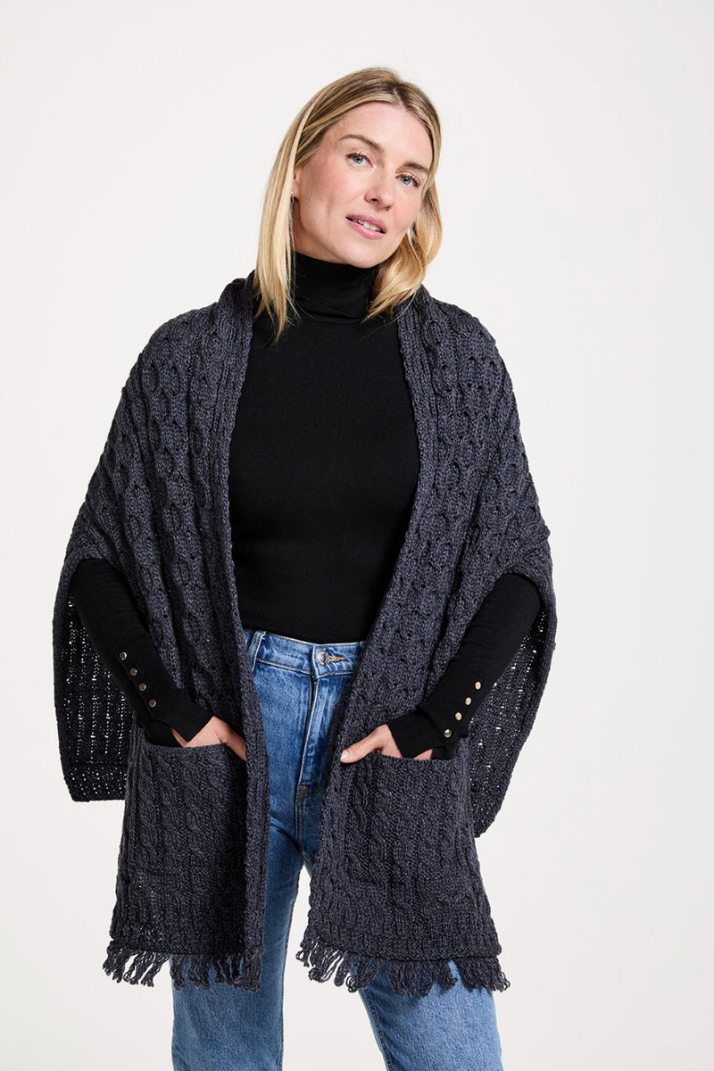 Made in Ireland, knitwear, wrap, merino wool, Ireland, cream wrap, cable knit, aran knitwear,grey