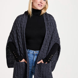 Shannon Throwover Merino Aran Wrap With Pocket - Grey