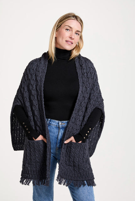 Made in Ireland, knitwear, wrap, merino wool, Ireland, cream wrap, cable knit, aran knitwear,grey