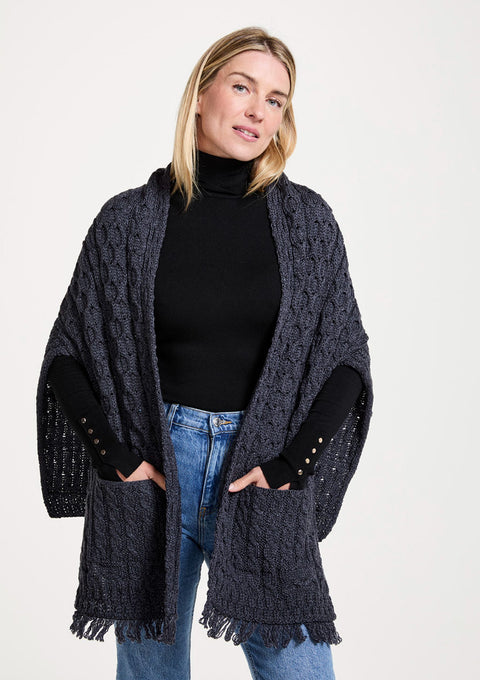 Made in Ireland, knitwear, wrap, merino wool, Ireland, cream wrap, cable knit, aran knitwear,grey