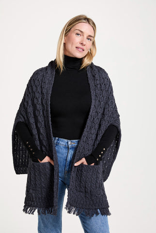 Shannon Throwover Aran Wrap With Pocket - Grey