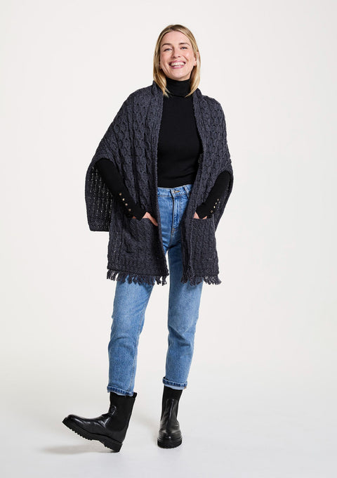 wrap, made in Ireland, knitwear, aran, poncho, merino wool, 100% wool wrap, grey