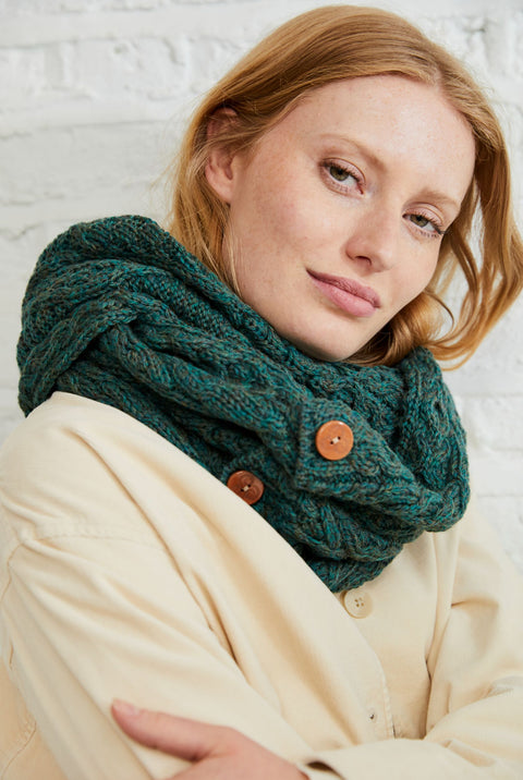 Kilmaine Aran Snood Scarf with Buttons - Green