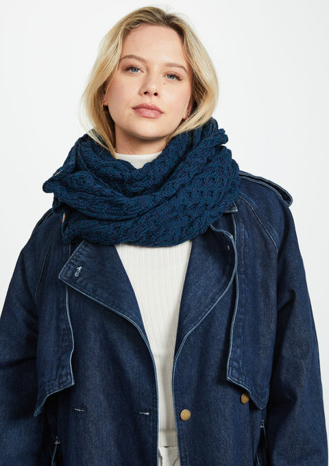 Wool, merino wool, aran snood, knitwear, Hat & Scarf, gift, made in Ireland, scarf, wool scarves, blue
