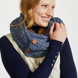Kilmaine Aran Merino Snood Scarf with Buttons -  Denim Blue