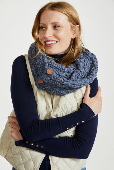 Kilmaine Aran Snood Scarf with Buttons -  Denim Blue