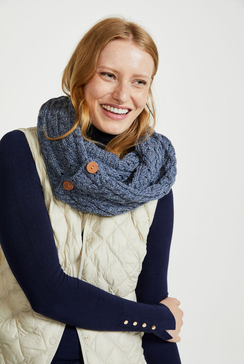 Kilmaine Aran Snood Scarf with Buttons -  Denim Blue