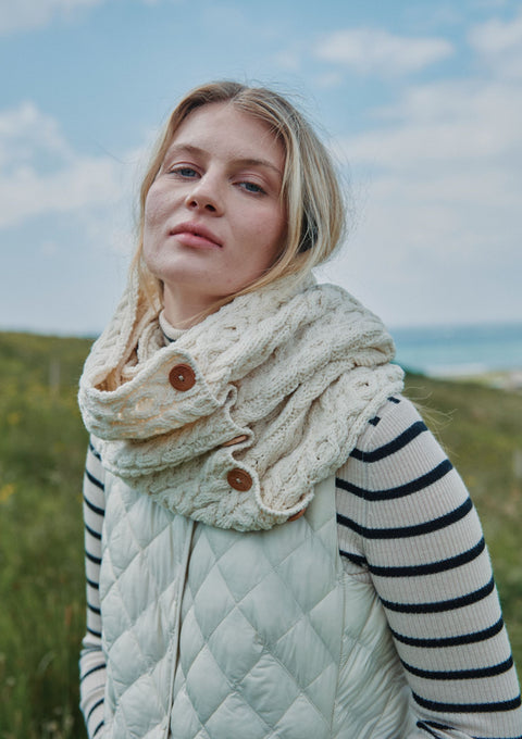 Wool, merino wool, aran snood, knitwear, Hat & Scarf, gift, made in Ireland, scarf, wool scarves, cream