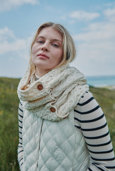 Kilmaine Aran Merino Snood Scarf with Buttons -  Cream