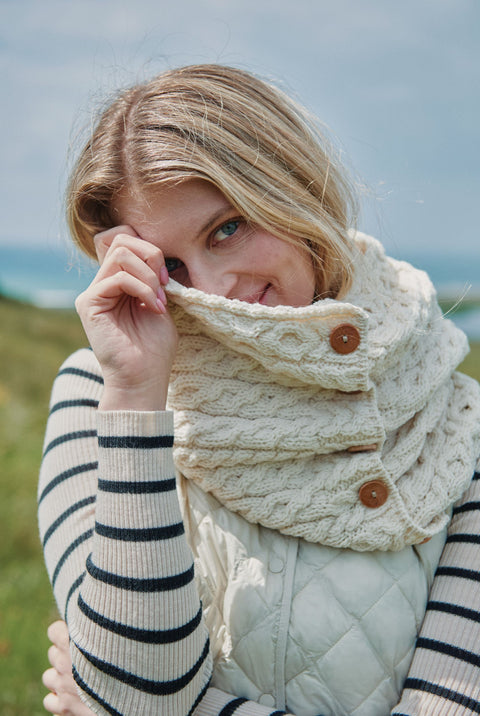 Kilmaine Aran Merino Snood Scarf with Buttons -  Cream