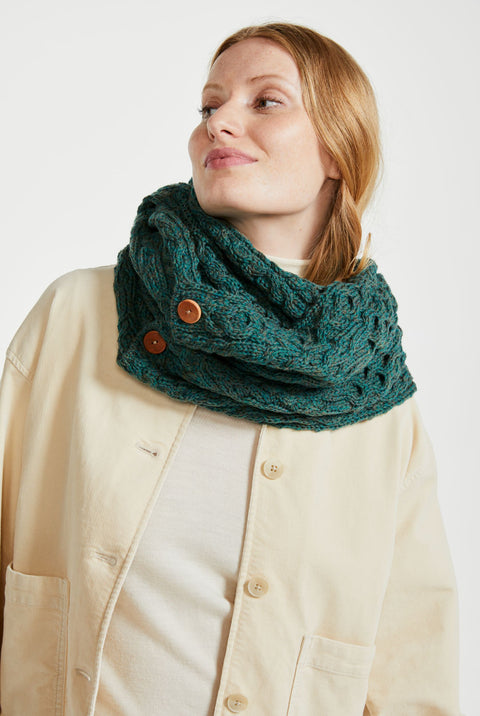 Kilmaine Aran Snood Scarf with Buttons - Green