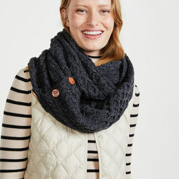 Kilmaine Aran Merino Snood Scarf with Buttons -  Charcoal