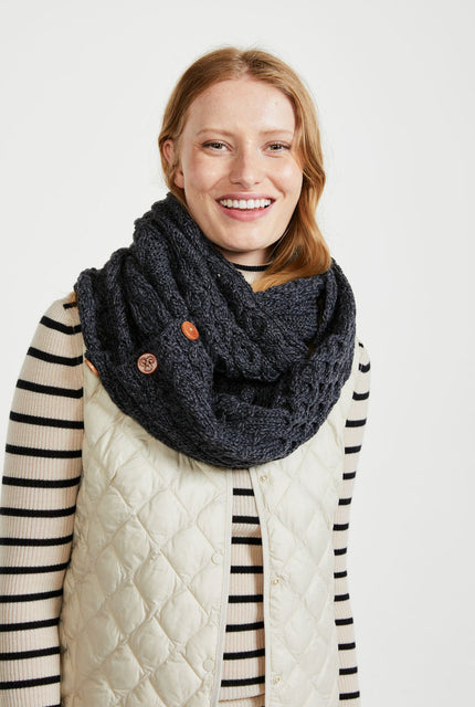 Wool, merino wool, aran snood, knitwear, Hat & Scarf, gift, made in Ireland, scarf, wool scarves, grey