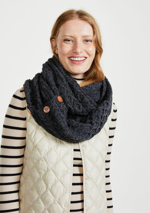 Wool, merino wool, aran snood, knitwear, Hat & Scarf, gift, made in Ireland, scarf, wool scarves, grey