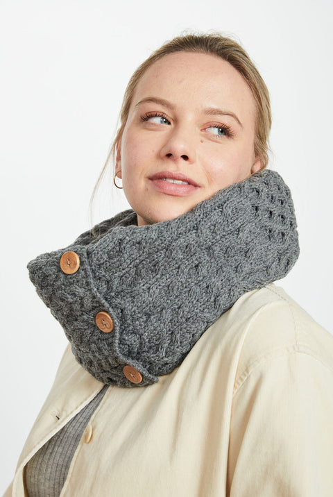 Kilmaine Aran Snood Scarf with Buttons -  Grey