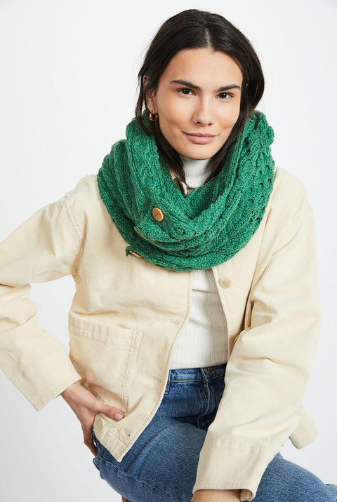 Kilmaine Aran Snood Scarf with Buttons - Green