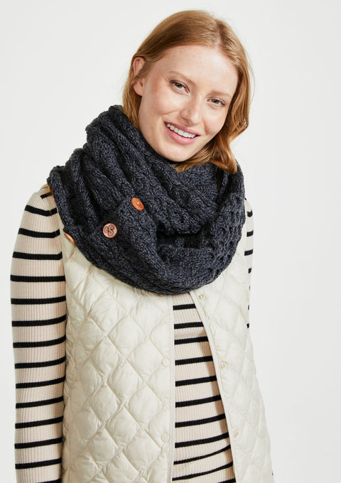 100% wool, merino wool, aran snood,  charcoal, knitwear, Hat & Scarf, gift, made in Ireland, wool scarf, snood