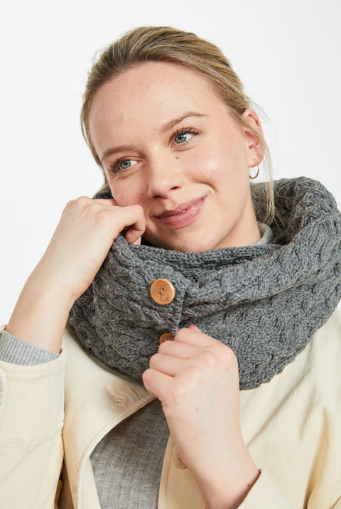 Kilmaine Aran Snood Scarf with Buttons -  Grey