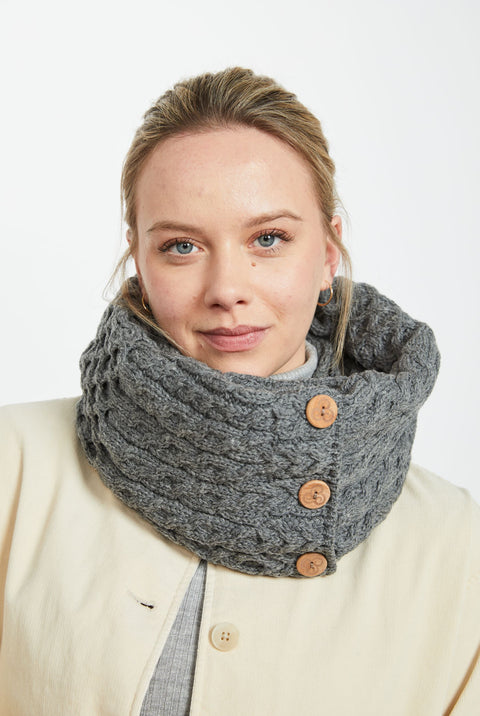 Kilmaine Aran Snood Scarf with Buttons -  Grey