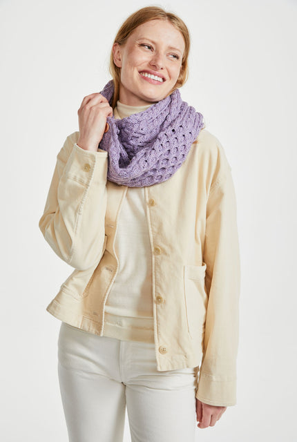 100% wool, merino wool, aran snood, lavender, knitwear, Hat & Scarf, gift, made in Ireland, purple scarf, wool scarf