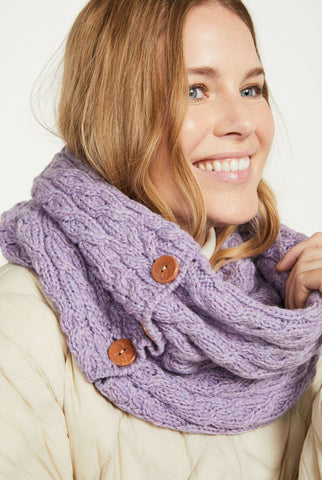 Kilmaine Aran Snood Scarf with Buttons -  Lavender