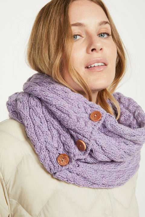 Kilmaine Aran Snood Scarf with Buttons -  Lavender