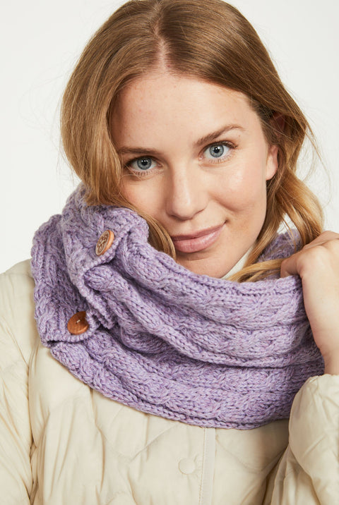 Kilmaine Aran Snood Scarf with Buttons -  Lavender