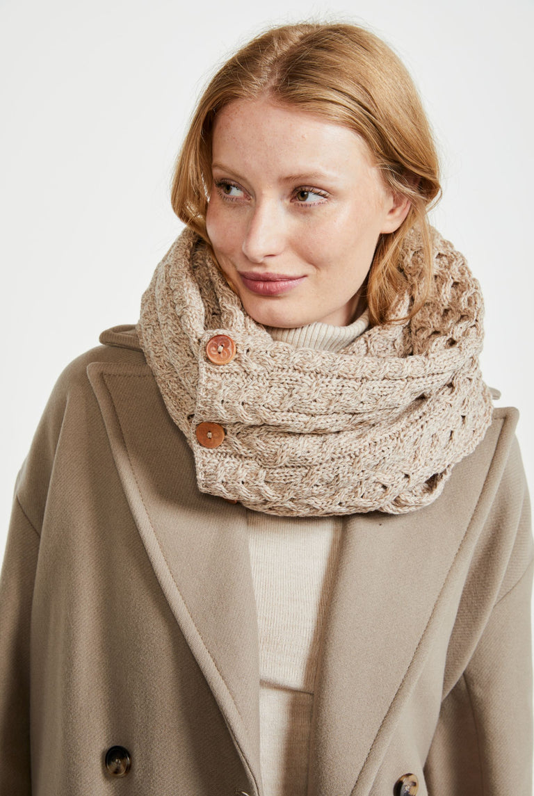Kilmaine Aran Snood Scarf with Buttons -  Oat
