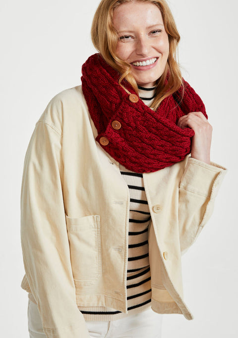 Wool, merino wool, aran snood, knitwear, Hat & Scarf, gift, made in Ireland, scarf, wool scarves, red