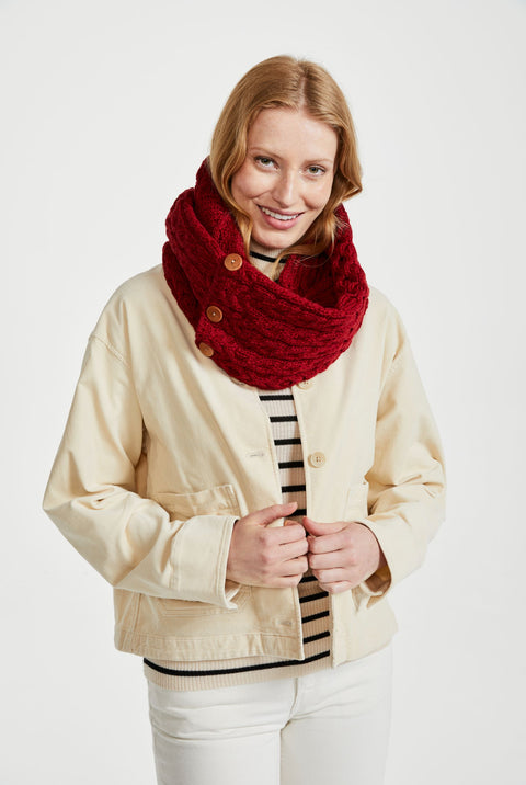 Kilmaine Aran Snood Scarf with Buttons -  Red