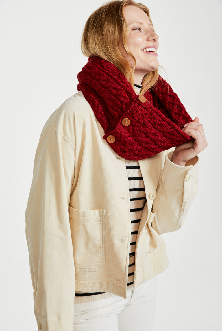 Kilmaine Aran Snood Scarf with Buttons -  Red
