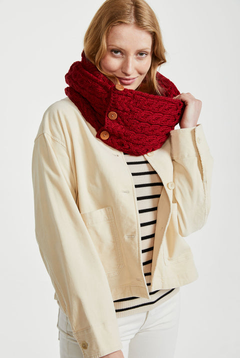 Kilmaine Aran Snood Scarf with Buttons -  Red