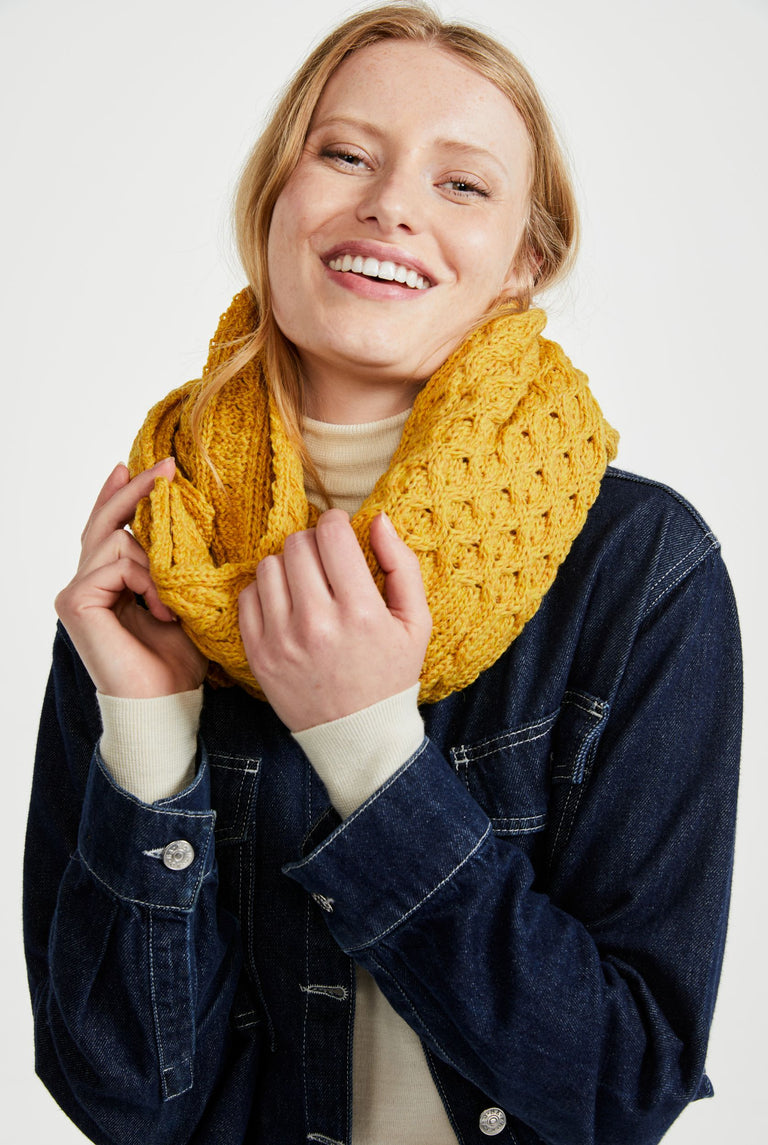 Wool, merino wool, aran snood, knitwear, Hat & Scarf, gift, made in Ireland, scarf, wool scarves, yellow