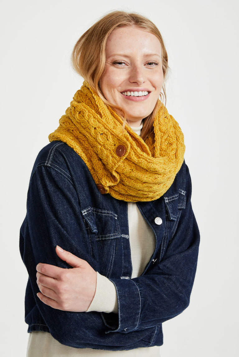 Kilmaine Aran Snood Scarf with Buttons - Yellow