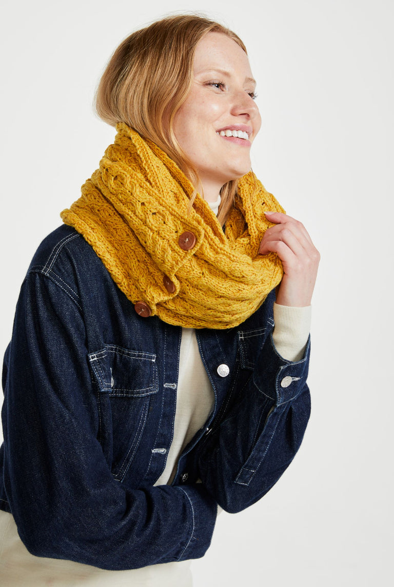 Kilmaine Aran Snood Scarf with Buttons - Yellow