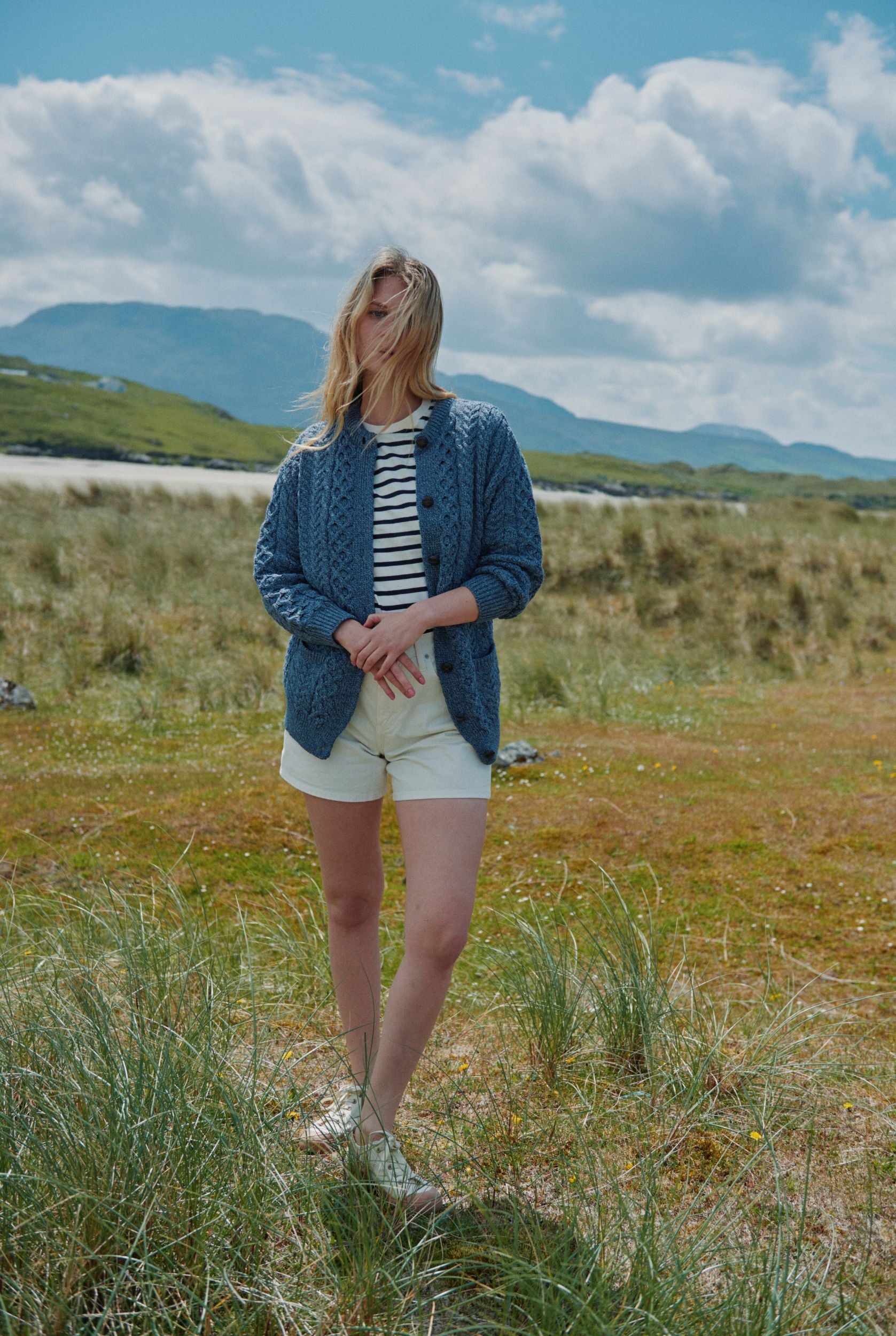 Cardigan Femme Oversize à Boutons - Manches Longues, Revers Détail Denim, Tissu Chaud Acrylique/polyester