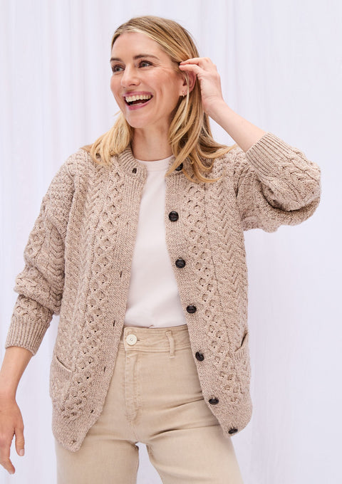 Merino Wool, , made in Ireland, wool jumper, knitwear, oat, sweater, Ireland,aran, Buttoned sweater,cardigan