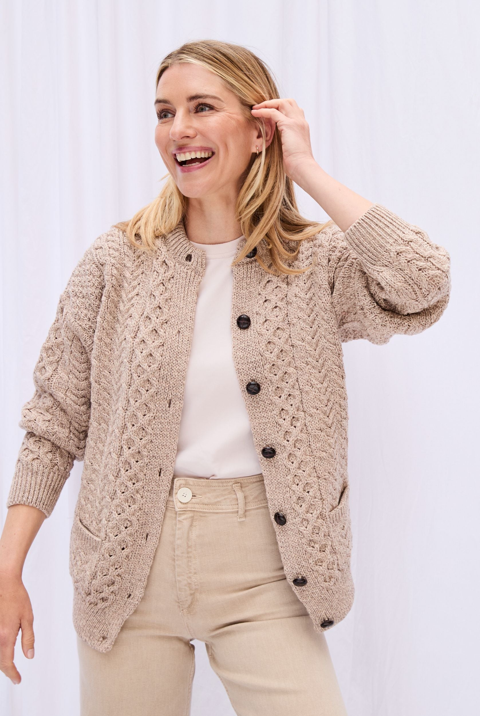 Achill Island Ladies Aran Wool Cardigan Oat1