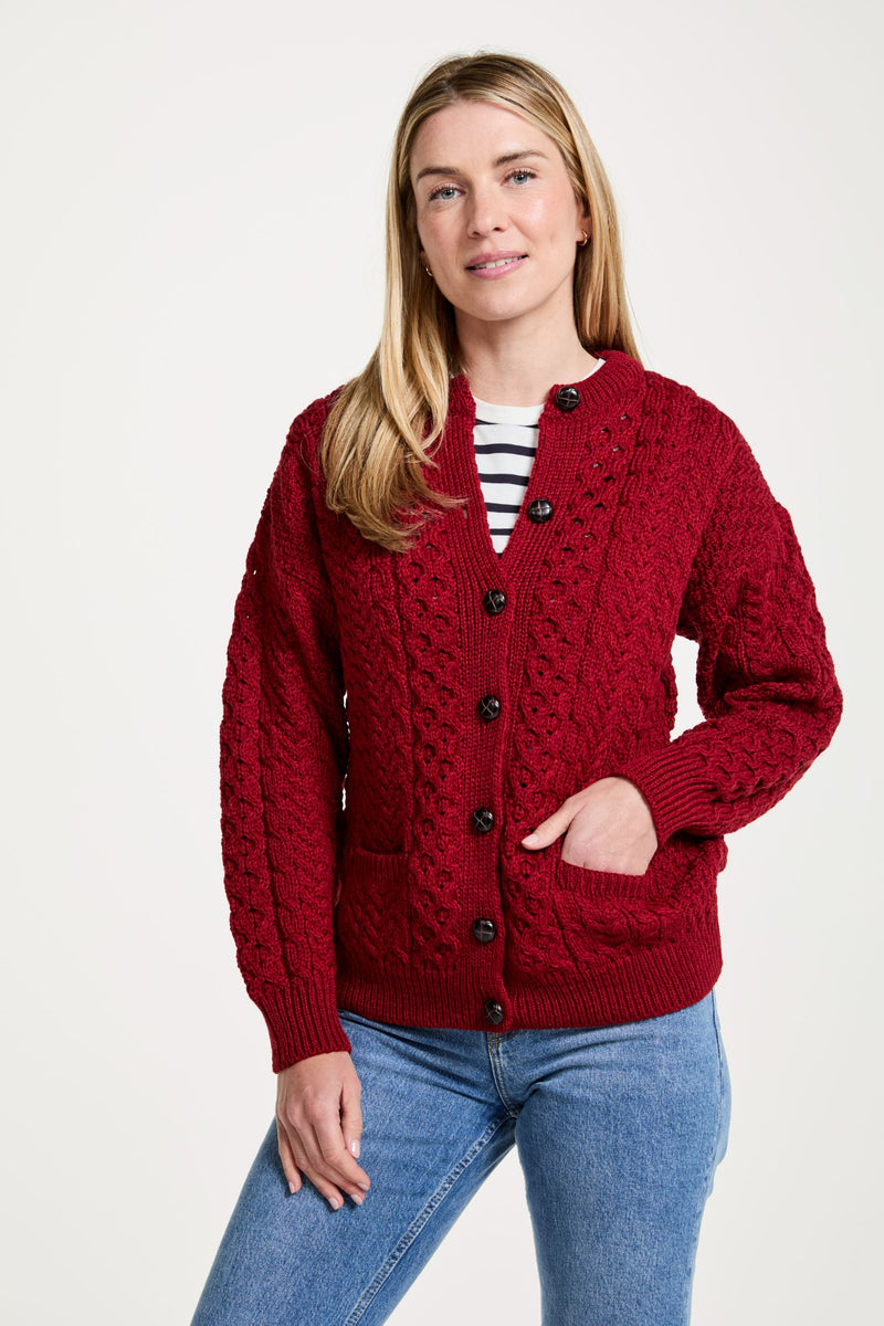 Merino Wool, , made in Ireland, wool jumper, knitwear, red, sweater, Ireland,aran, Buttoned sweater,cardigan