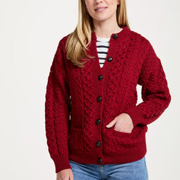 Achill Island Damen Merino Aran Cardigan - Rot