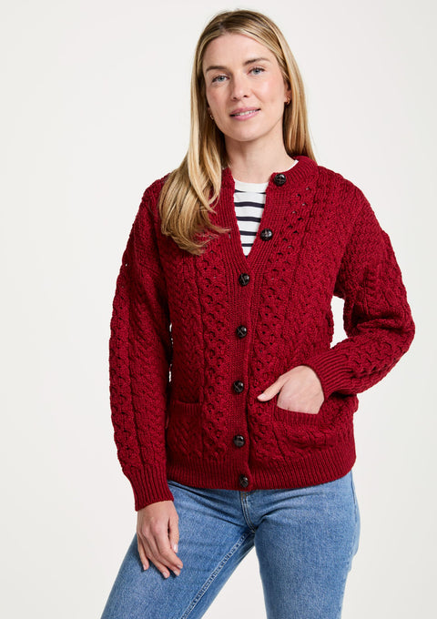 Merino Wool, , made in Ireland, wool jumper, knitwear, red, sweater, Ireland,aran, Buttoned sweater,cardigan