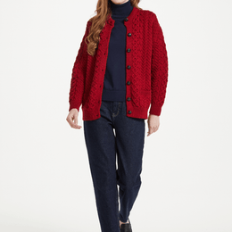 Cardigan Aran en laine mérinos Achill Island pour femme - Rouge