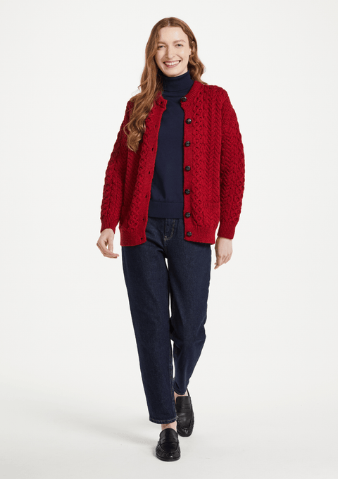 Achill Island Ladies Merino Aran Cardigan - Red